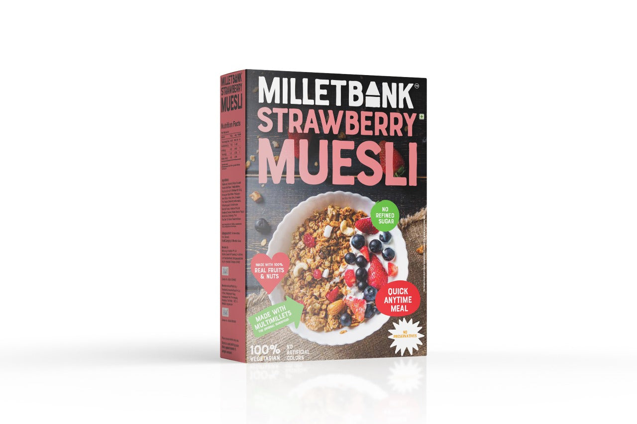 Wide angle of strawberry millet muesli